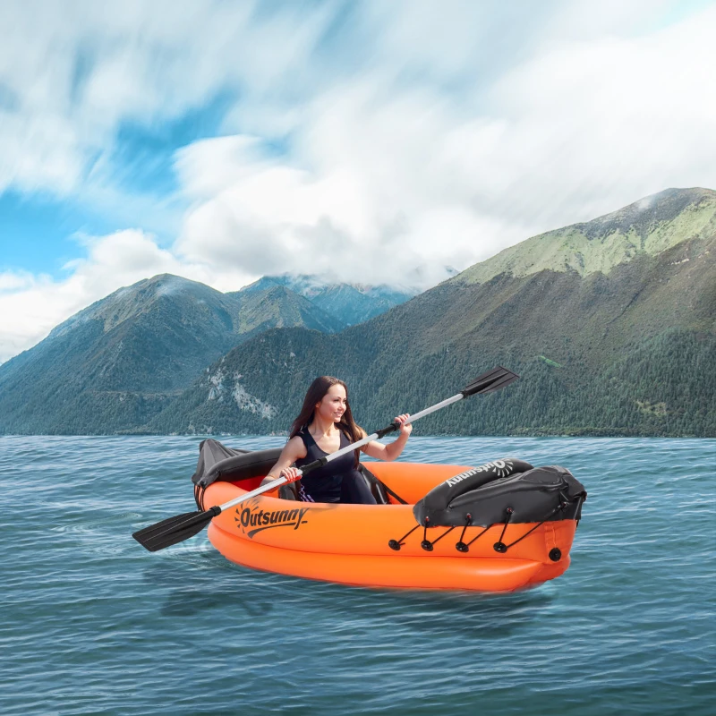 Outsunny Inflatable Kayak, 1-Person Inflatable Boat, Inflatable Canoe Set With Air Pump, Aluminum Oar, Orange, 270x93x50cm