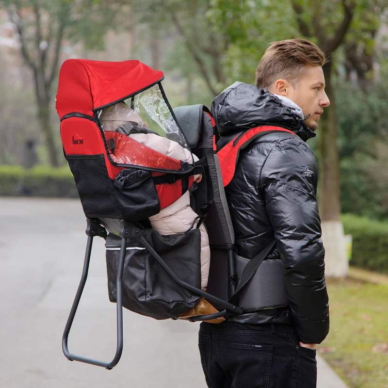 HOMCOM Baby Hiking Backpack Carrier Child Carrier with Ergonomic Hip Seat Detachable Rain Cover Adjustable Straps Stand for Toddler 6 - 36 Months Red