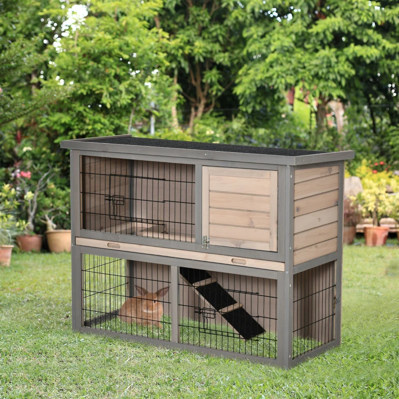 PawHut Rabbit Hutch Bunny Cage Small Animal House with Sliding Tray, Run, Openable Top, Ramp, for Indoor Outdoor, Grey 108x45x78 cm