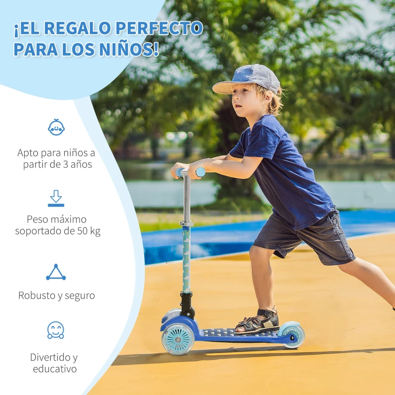 HOMCOM Patinete para Niños de +3 Años Plegable Patinete 3 Ruedas con Luces LED Manillar Altura Ajustable y Freno Posterior Carga Máxima 50 kg 54,7x32,5x59-69 cm Azul