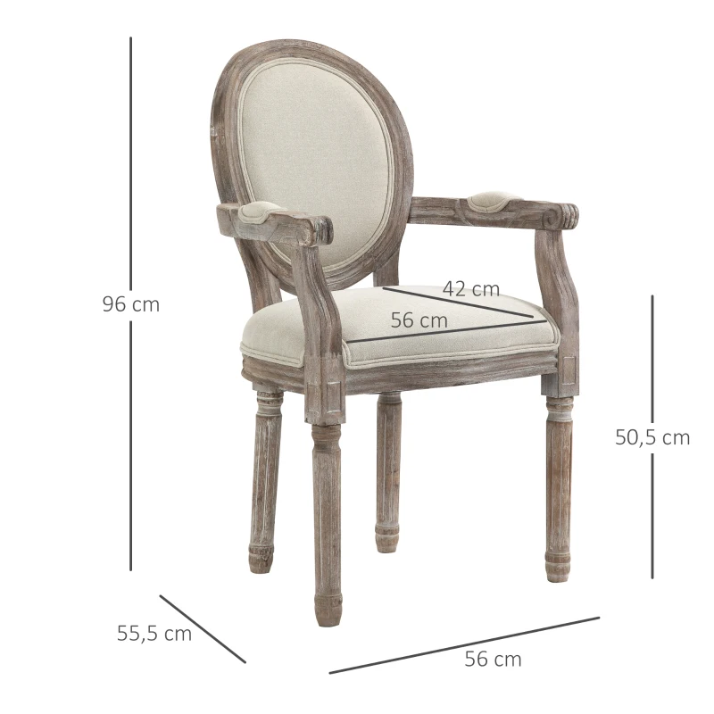 HOMCOM Dining Chair Vintage Round Back Solid Wood Frame for Living Room, Kitchen Upholstered Seat, Cream