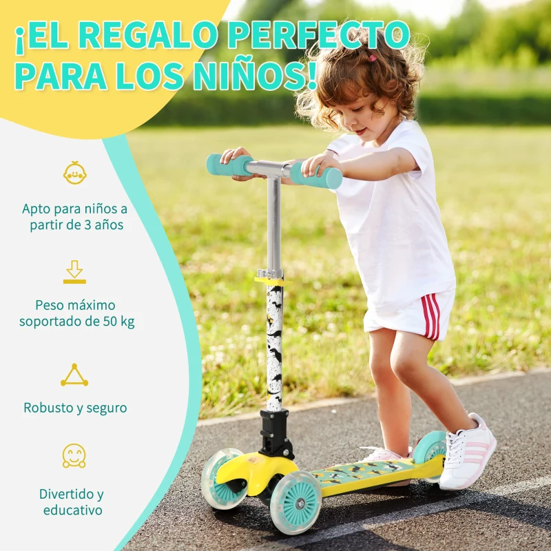 HOMCOM Patinete para Niños de +3 Años Plegable Patinete 3 Ruedas con Luces LED Manillar Altura Ajustable y Freno Posterior Carga Máxima 50 kg 54,7x32,5x59-69 cm Amarillo