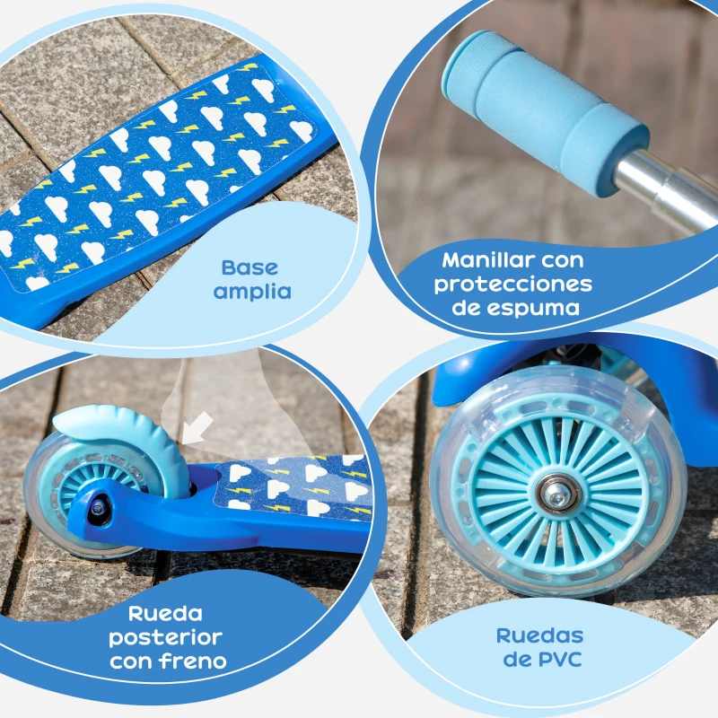 HOMCOM Patinete para Niños de +3 Años Plegable Patinete 3 Ruedas con Luces LED Manillar Altura Ajustable y Freno Posterior Carga Máxima 50 kg 54,7x32,5x59-69 cm Azul