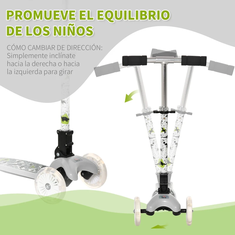HOMCOM Patinete para Niños de +3 Años Plegable Patinete 3 Ruedas con Luces LED Manillar Altura Ajustable y Freno Posterior Carga Máxima 50 kg 54,7x32,5x59-69 cm Gris