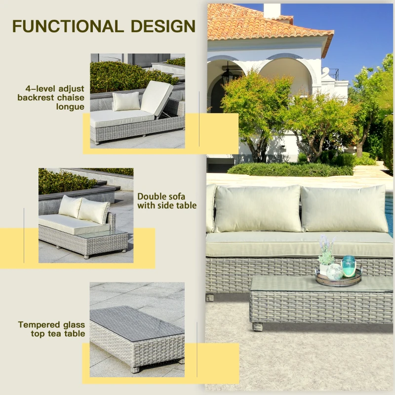 Outsunny 3 Pieces Outdoor PE Rattan Sofa Set, Patio Wicker Sectional Conversation Aluminium Frame Furniture Set, 4-Level Adjust Backrest Chaise Lounge w/ Padded Cushion, Tea Table, Mixed Grey