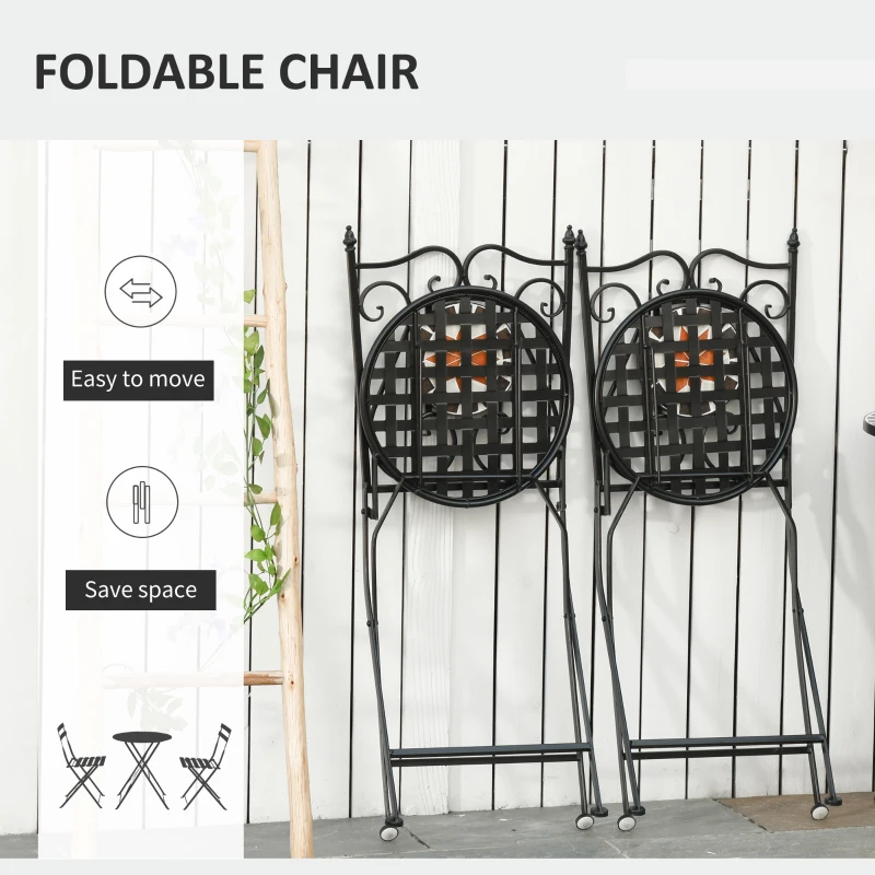 Outsunny 3PCs Garden Table Set Bistro Set with 1 Ceramic Tile Round Table and 2 Foldable Chairs for Outdoor Indoor Patio Balcony