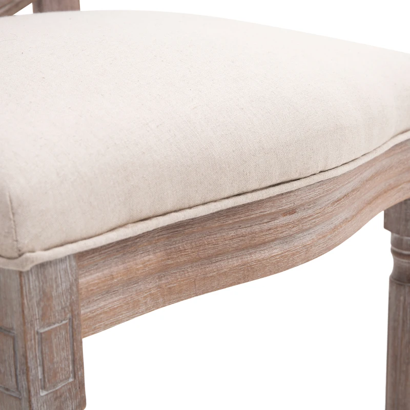 Antique Style Padded Seat Dining Chair Oval Back Linen Fabric Solid Wood