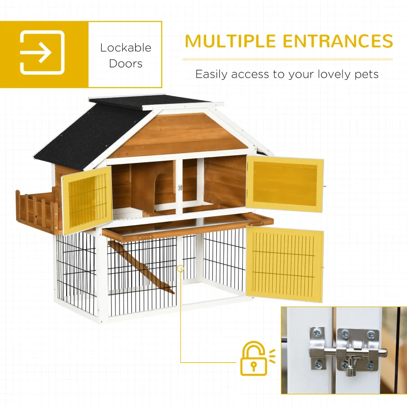 PawHut 2 Tier Wooden Rabbit Hutch, Guinea Pig Cage, Bunny Run, Small Animal House for Indoor Outdoor with Plant Box, Slide-out Tray, Ramp, 123 x 58 x 106cm, Natural