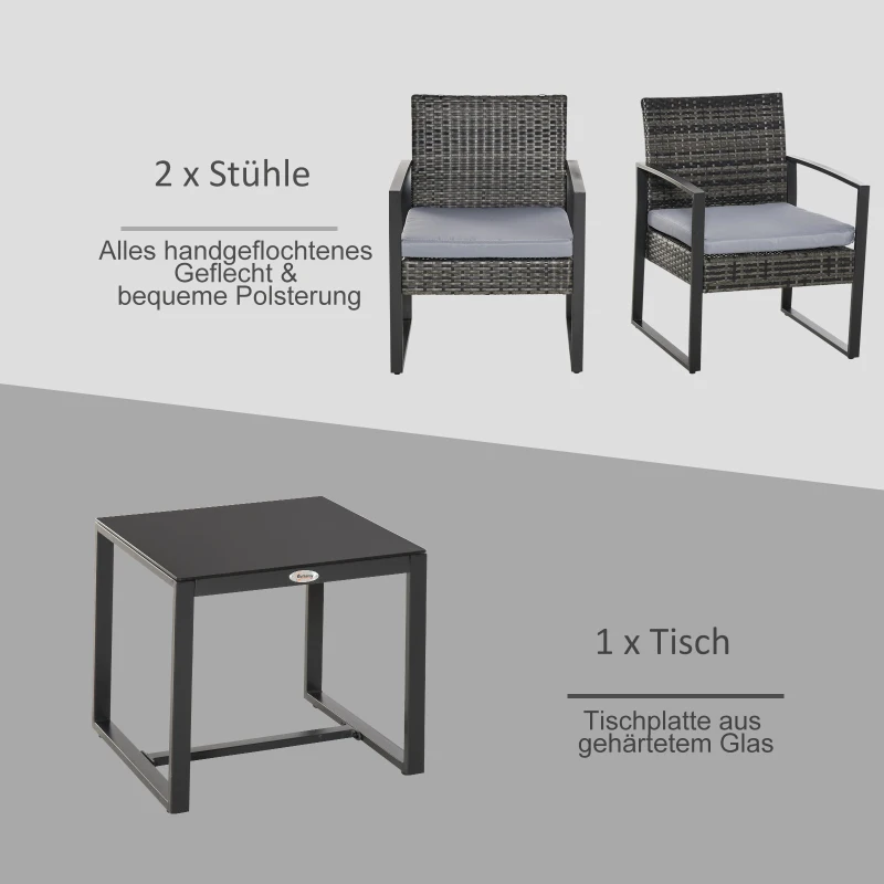 Outsunny Komplet stolik z krzesłami z technorattanu, 3-częściowy Komplet wypoczynkowy 63 cm x 57 cm x 76 cm