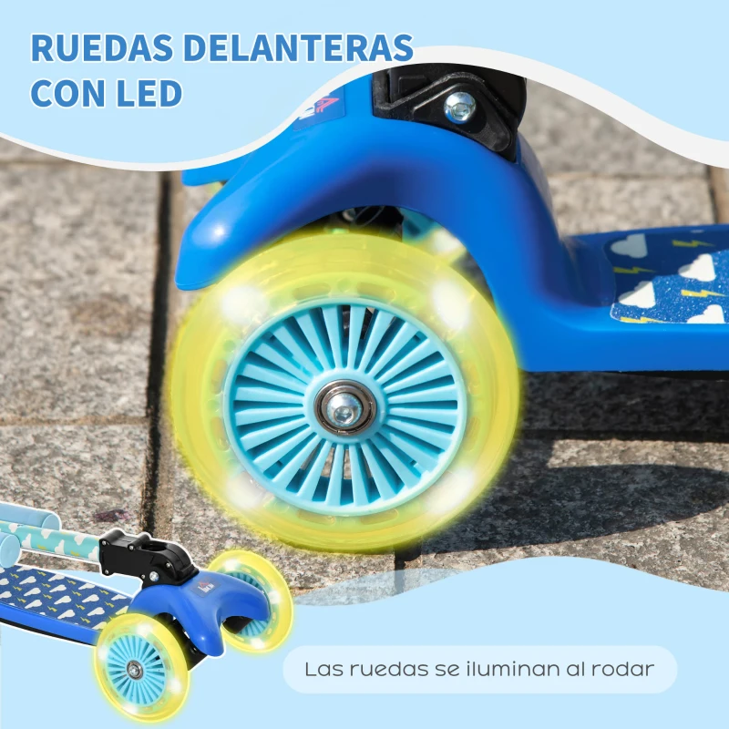 HOMCOM Patinete para Niños de +3 Años Plegable Patinete 3 Ruedas con Luces LED Manillar Altura Ajustable y Freno Posterior Carga Máxima 50 kg 54,7x32,5x59-69 cm Azul
