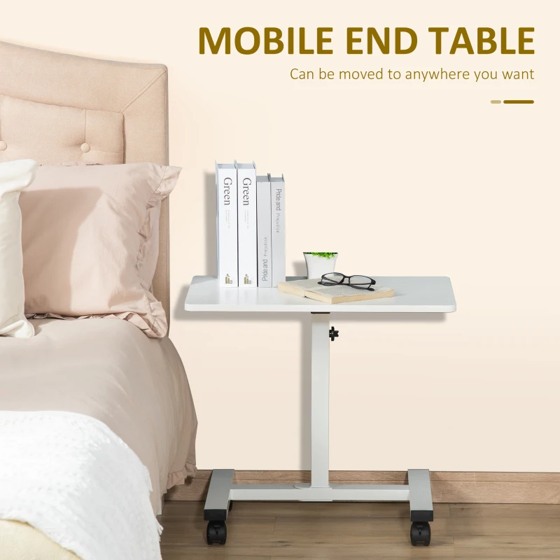 HOMCOM Height Adjustable Side Table with Wheels, Mobile Laptop Table for Sofa, End Table, White