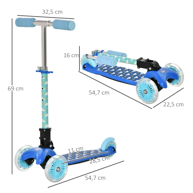 HOMCOM Patinete para Niños de +3 Años Plegable Patinete 3 Ruedas con Luces LED Manillar Altura Ajustable y Freno Posterior Carga Máxima 50 kg 54,7x32,5x59-69 cm Azul