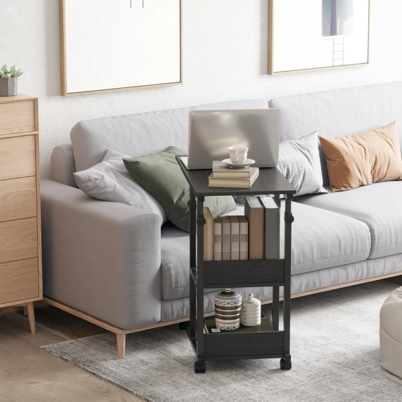 HOMCOM C-Shaped Mobile Sofa Bed Side Table Adjust Height 3-Tier Nightstand Home Cart w/ Casters, Brake