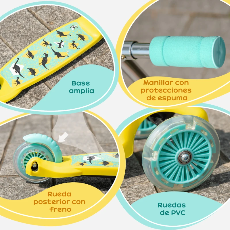 HOMCOM Patinete para Niños de +3 Años Plegable Patinete 3 Ruedas con Luces LED Manillar Altura Ajustable y Freno Posterior Carga Máxima 50 kg 54,7x32,5x59-69 cm Amarillo