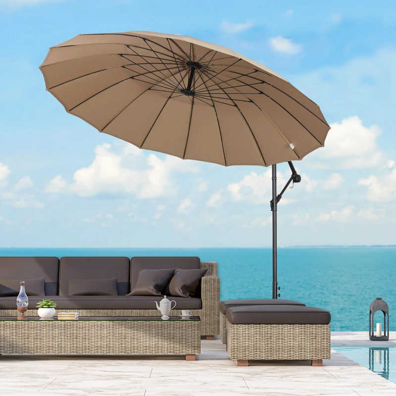 Outsunny 3(m) Cantilever Umbrella 18 Ribs & Vents Adjustable Angle for Patio Khaki