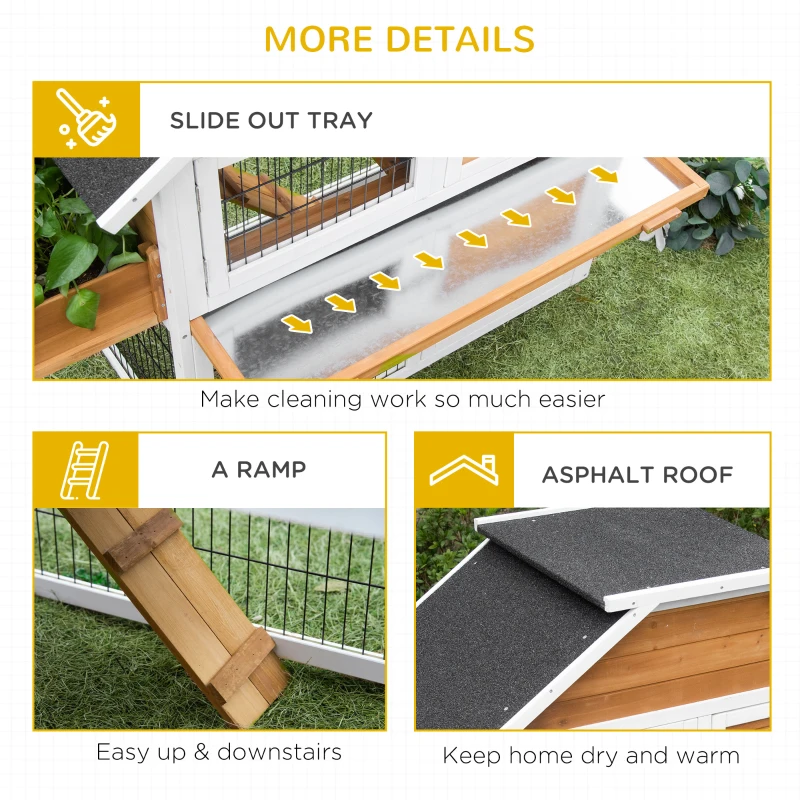 PawHut 2 Tier Wooden Rabbit Hutch, Guinea Pig Cage, Bunny Run, Small Animal House for Indoor Outdoor with Plant Box, Slide-out Tray, Ramp, 123 x 58 x 106cm, Natural