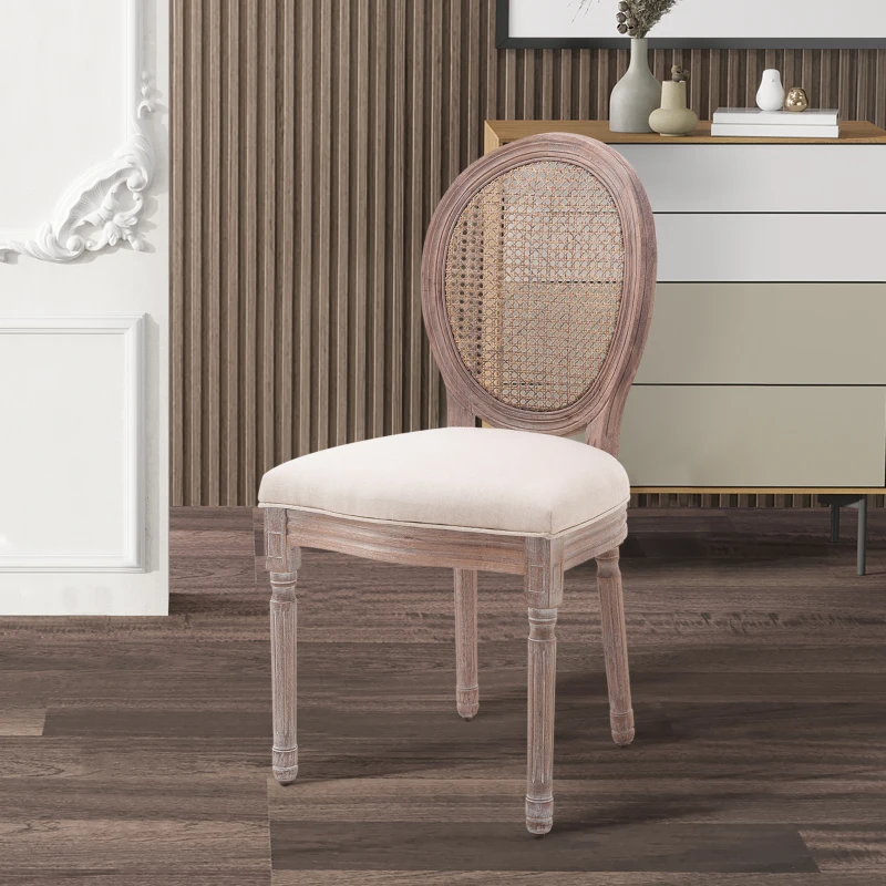 Antique Style Padded Seat Dining Chair Oval Back Linen Fabric Solid Wood