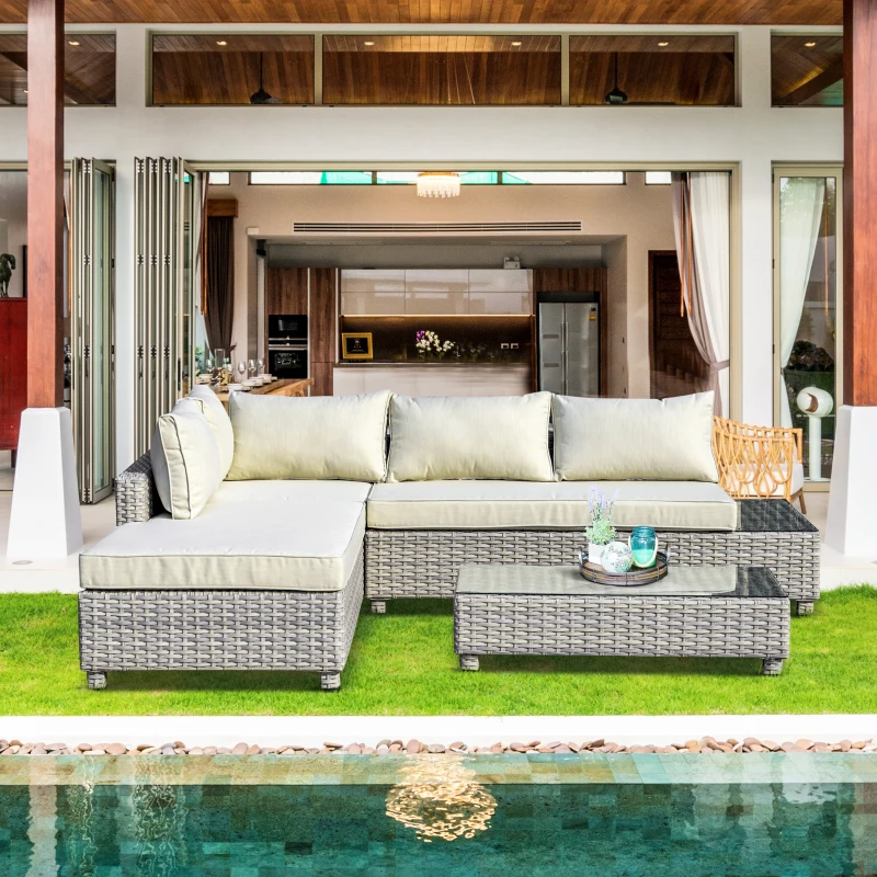Outsunny 3 Pieces Outdoor PE Rattan Sofa Set, Patio Wicker Sectional Conversation Aluminium Frame Furniture Set, 4-Level Adjust Backrest Chaise Lounge w/ Padded Cushion, Tea Table, Mixed Grey