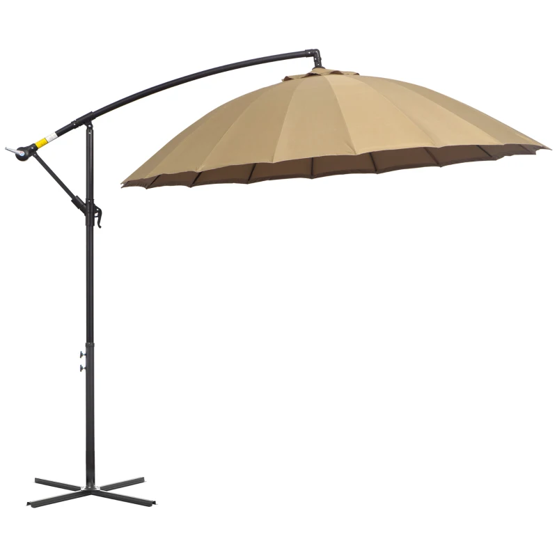 Outsunny 3(m) Cantilever Umbrella 18 Ribs & Vents Adjustable Angle for Patio Khaki