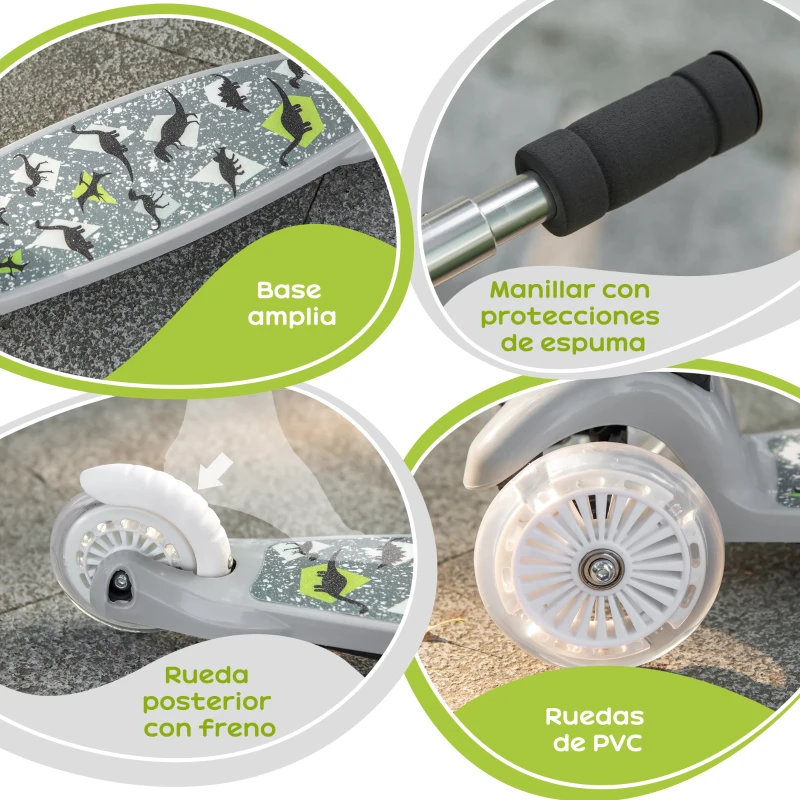 HOMCOM Patinete para Niños de +3 Años Plegable Patinete 3 Ruedas con Luces LED Manillar Altura Ajustable y Freno Posterior Carga Máxima 50 kg 54,7x32,5x59-69 cm Gris
