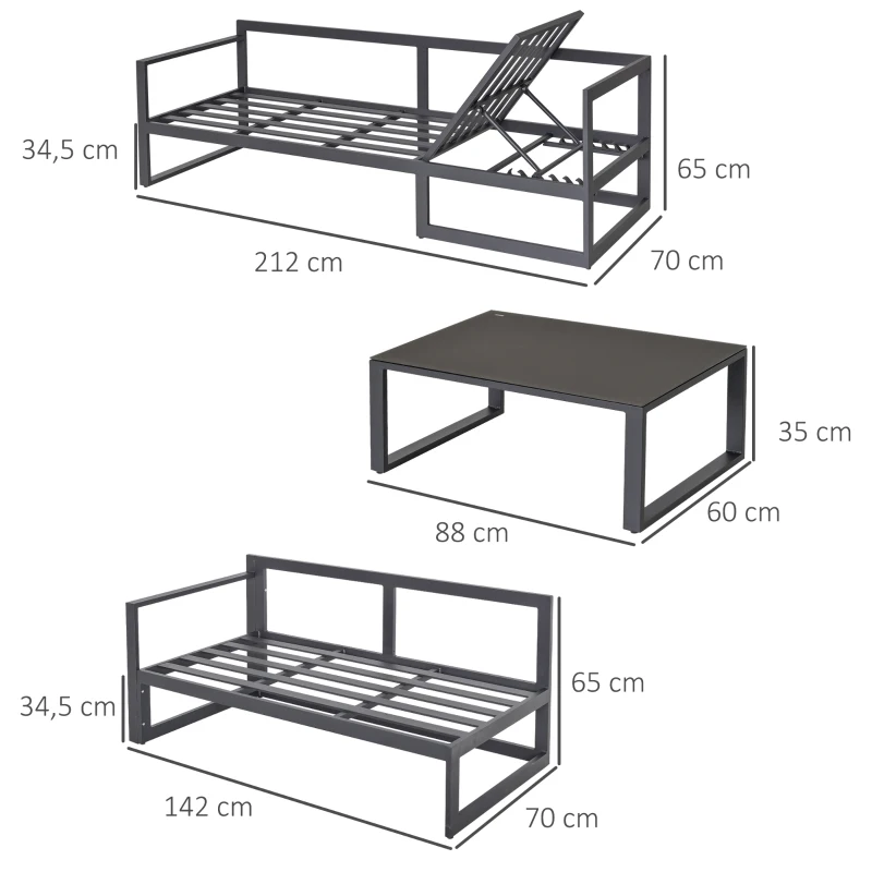 Outsunny 3 PCs Patio Furniture Set for 5 People Converts into Lounge 4-Level Backrest with Coffee Table Cushion Aluminium