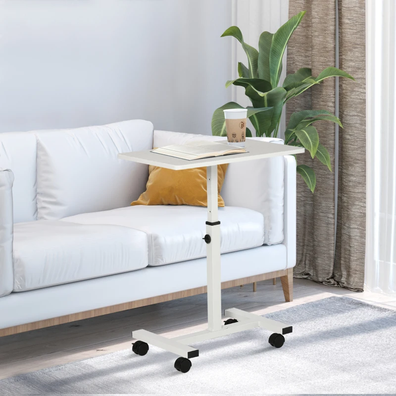 HOMCOM Height Adjustable Side Table with Wheels, Mobile Laptop Table for Sofa, End Table, White