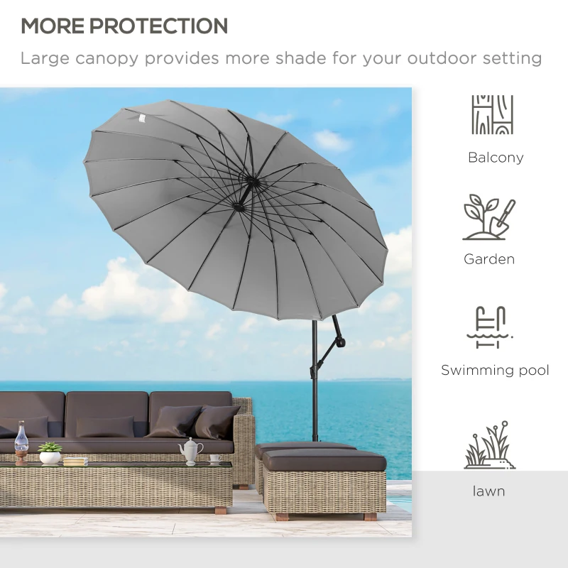 Outsunny 3(m) Cantilever Umbrella 18 Ribs & Vents Adjustable Angle for Patio Light Grey