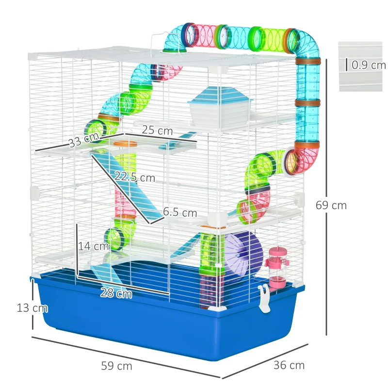 PawHut 5 Tier Hamster Cage, Gerbil Cage with Tube, Water Bottle, Exercise Wheel, Food Dish, 59 cm x 36 cm x 69 cm - Blue