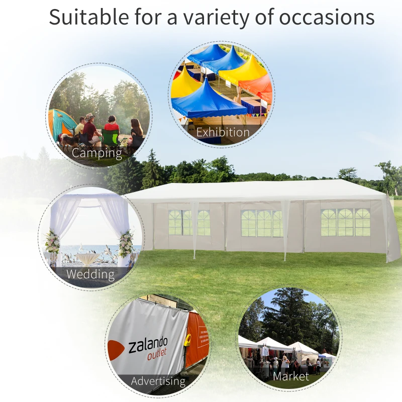 Outsunny 9 x 3 m Party Tent Gazebo Marquee Outdoor Patio Canopy Shelter with Windows and Side Panels White