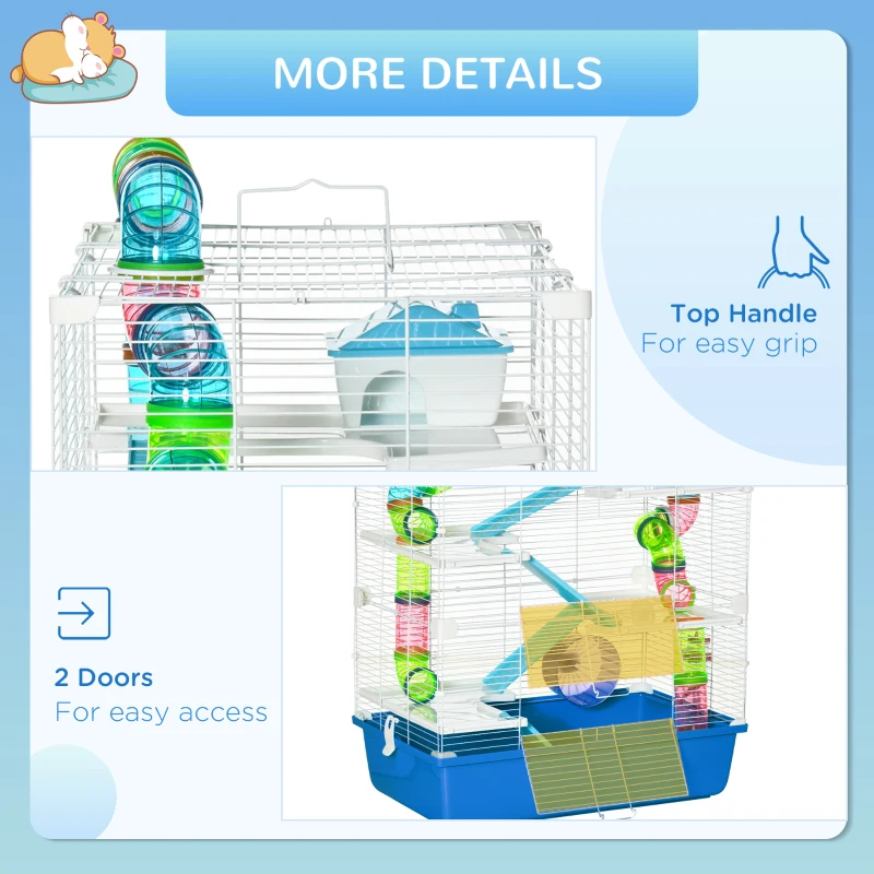 PawHut 5 Tier Hamster Cage, Gerbil Cage with Tube, Water Bottle, Exercise Wheel, Food Dish, 59 cm x 36 cm x 69 cm - Blue
