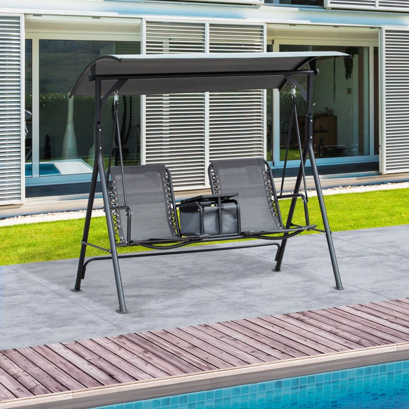 Outsunny 2-Seat Swing Chair Middle Table Steel Frame Adjustable Canopy Sling Seats Grey