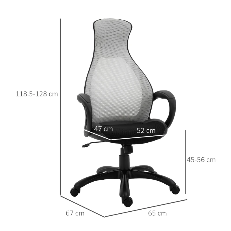 Vinsetto Sedia da Ufficio Ergonomica con Imbottitura di 10cm, Altezza Regolabile e Sistema di Dondolamento, 65x67x118.5-128cm, Tessuto Grigio
