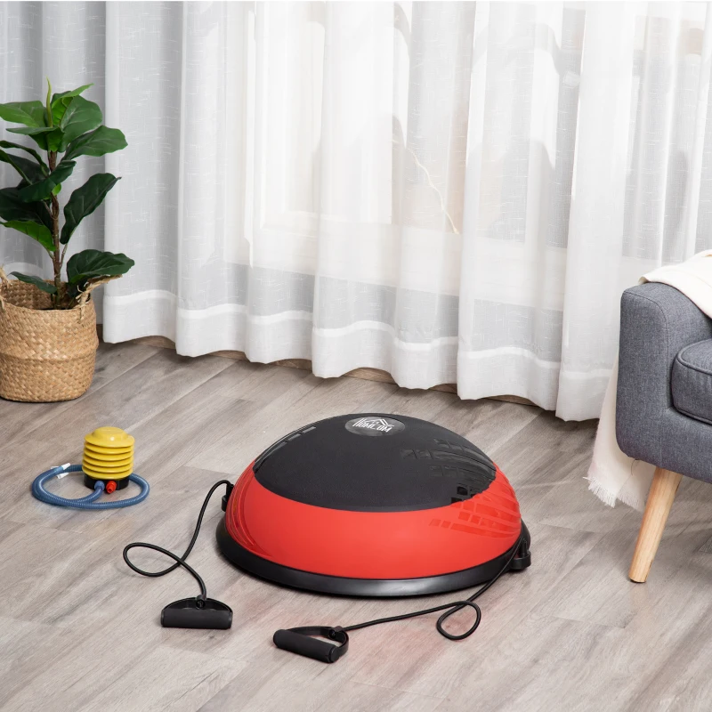 HOMCOM Entrenador de Equilibrio Pelota de Equilibrio Ø58 cm con 2 Bandas de Resistencia 6 Alfombras Antideslizantes e Inflador para Entrenamiento Fitness en Casa Gimnasio Negro y Rojo