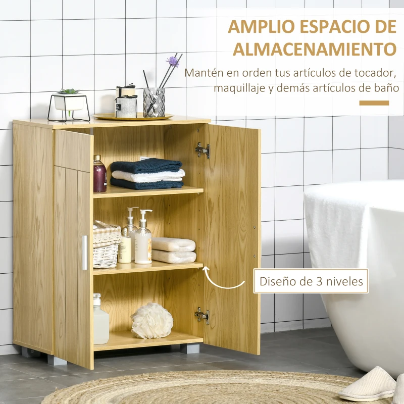 kleankin Armario de Baño con 2 Puertas y 2 Estantes Ajustables de 7 Niveles Mueble Auxiliar de Almacenaje para Salón Cocina Antivuelco 60x30x80 cm Natural