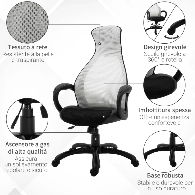 Vinsetto Sedia da Ufficio Ergonomica con Imbottitura di 10cm, Altezza Regolabile e Sistema di Dondolamento, 65x67x118.5-128cm, Tessuto Grigio