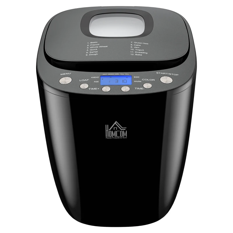HOMCOM Digital Bread Maker 550W 12-in-1 Programmed Bread Machine with 13-Hour Delay Timer 60 Minutes Keep Warm Function Non-stick Pan 3 Crust Colors 2 Loaf Size Black
