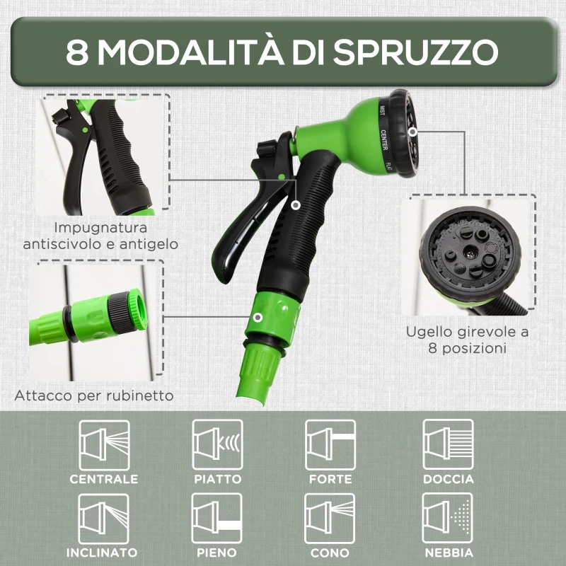 Outsunny Tubo da Giardino Estensibile da 15m con Pistola Spray a 8 Funzioni, Verde