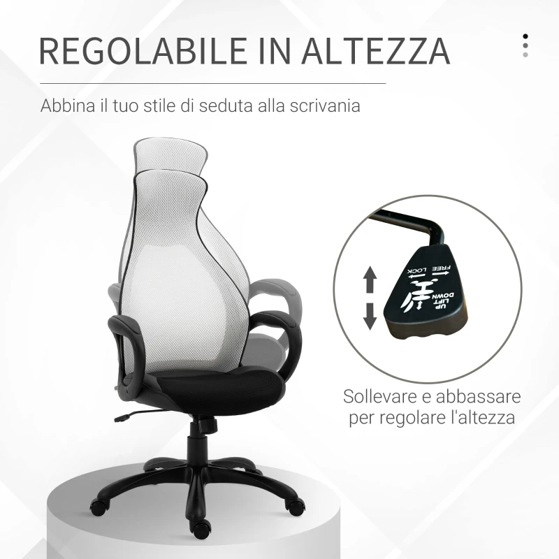 Vinsetto Sedia da Ufficio Ergonomica con Imbottitura di 10cm, Altezza Regolabile e Sistema di Dondolamento, 65x67x118.5-128cm, Tessuto Grigio