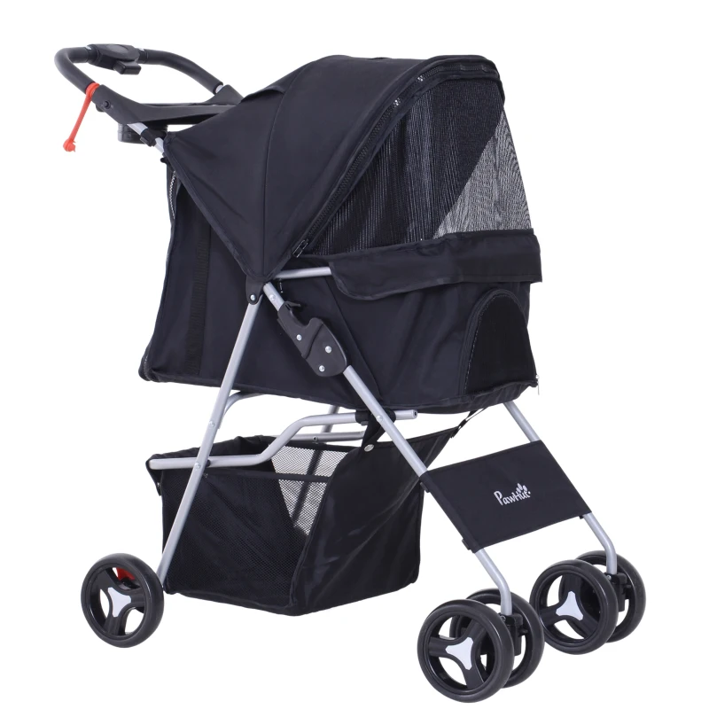 PawHut Carrinho para Animais de Estimação Dobrável para Cães com Capô Ajustável Cesta de Armazenamento e Rodas com Freio Tecido Oxford Estrutura de Aço 74x46x94cm Preto