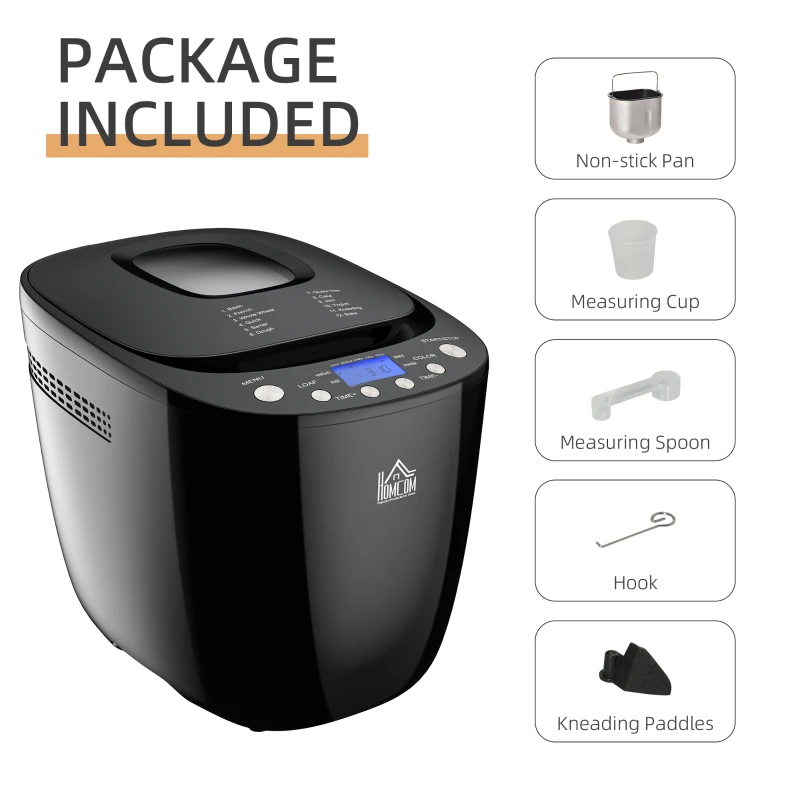 HOMCOM Digital Bread Maker 550W 12-in-1 Programmed Bread Machine with 13-Hour Delay Timer 60 Minutes Keep Warm Function Non-stick Pan 3 Crust Colors 2 Loaf Size Black