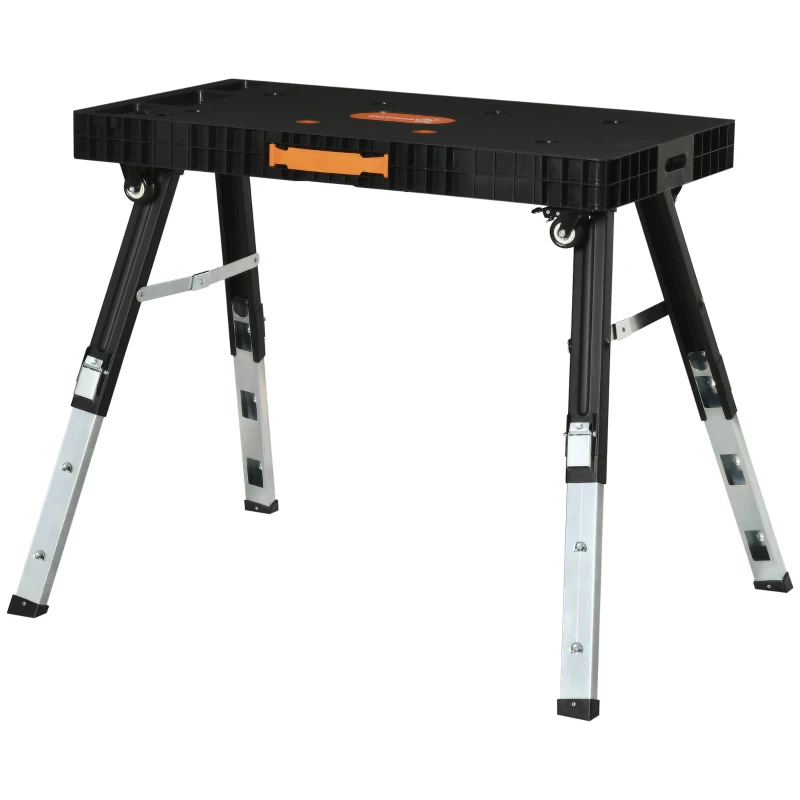 DURHAND Banco de Trabajo 5 en 1 Mesa de Trabajo con Altura Ajustable en 3 Niveles Patas Retráctiles 4 Ruedas Carga 150 kg Como Caballete de Sierra para Taller Garaje 105x74x80 cm Negro