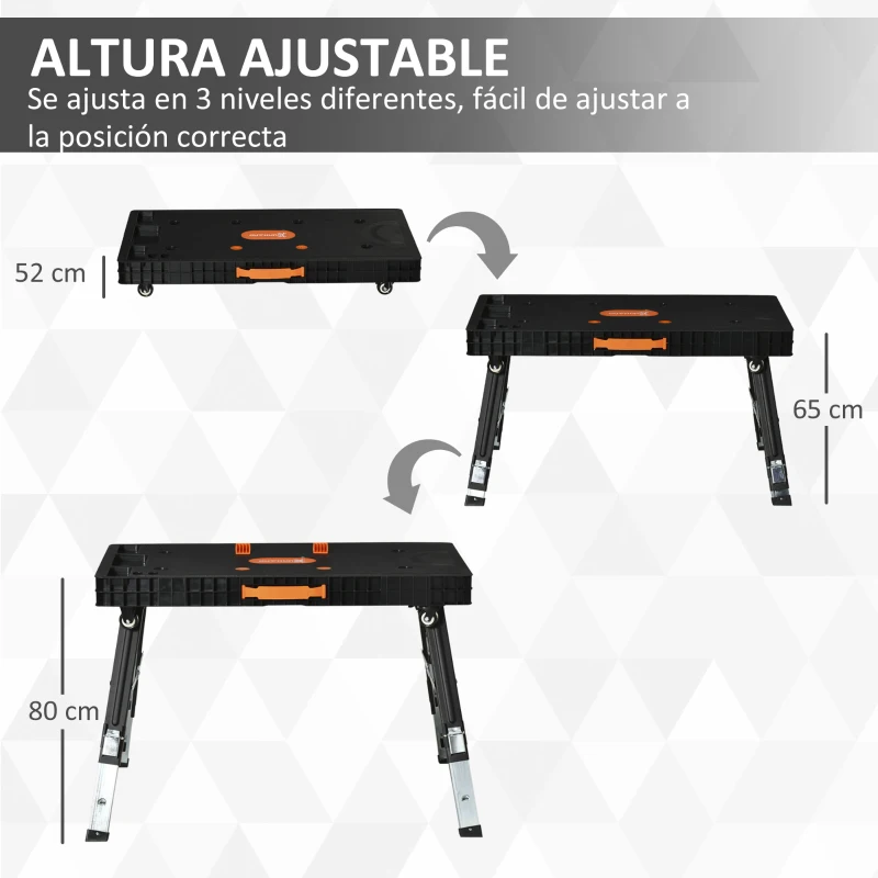 DURHAND Banco de Trabajo 5 en 1 Mesa de Trabajo con Altura Ajustable en 3 Niveles Patas Retráctiles 4 Ruedas Carga 150 kg Como Caballete de Sierra para Taller Garaje 105x74x80 cm Negro