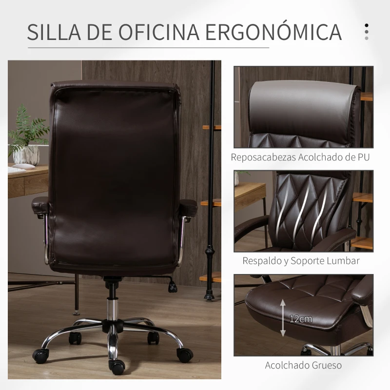 Vinsetto Silla Despacho Ergonómica Silla de Escritorio para Ordenador Giratoria y Basculante con Respaldo Alto y Reposacabezas Acolchado Piel Sintética 66x69x113-121 cm Marrón