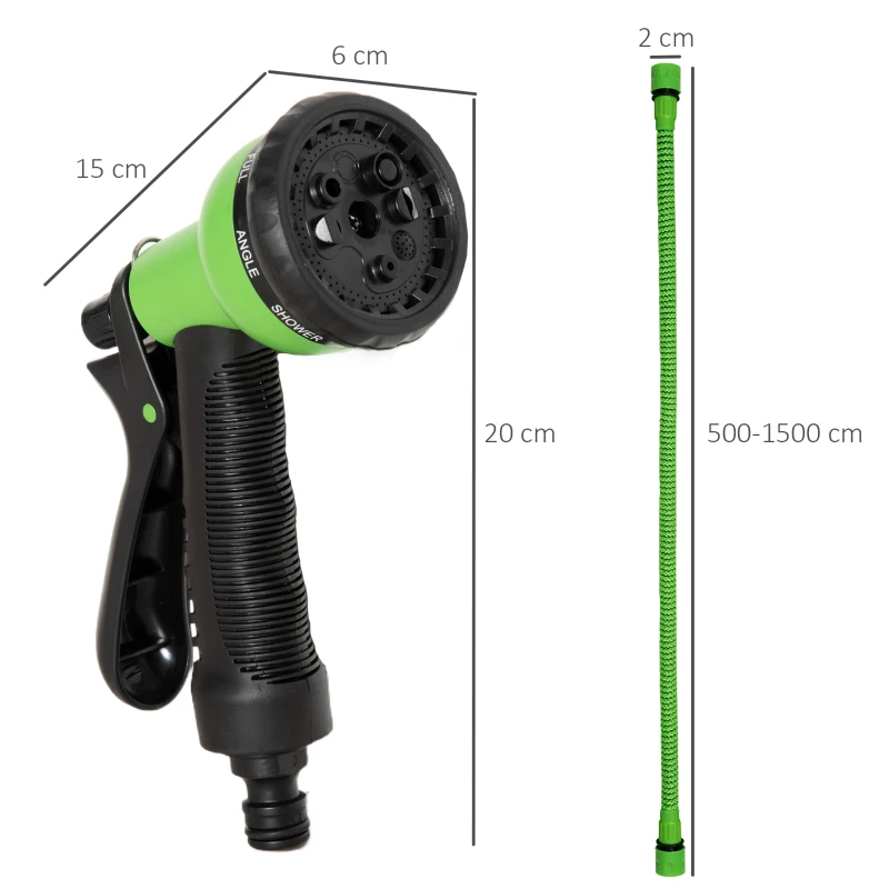 Outsunny Tubo da Giardino Estensibile da 15m con Pistola Spray a 8 Funzioni, Verde