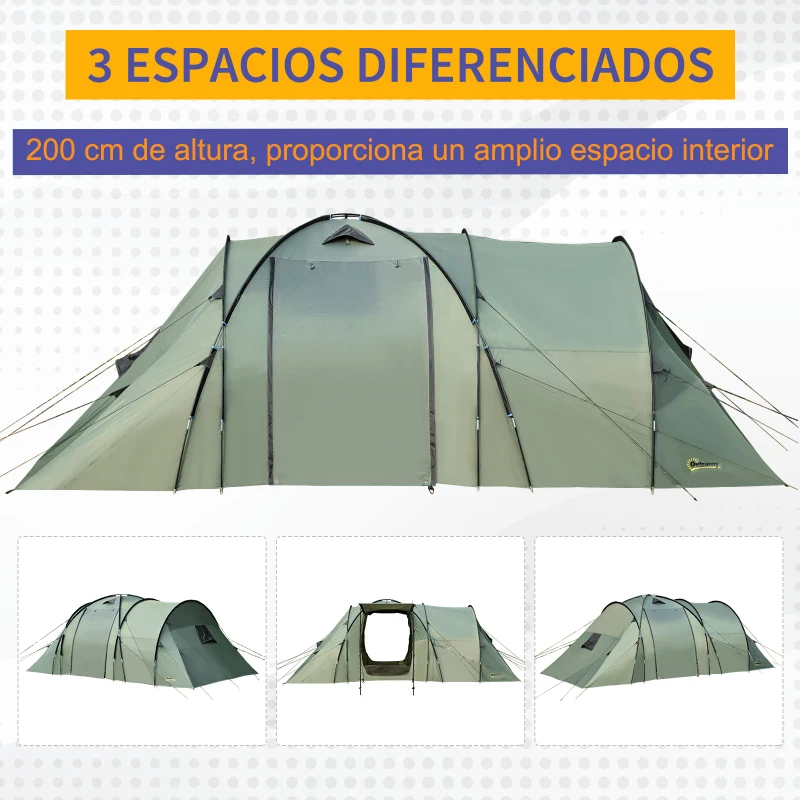 Outsunny Tienda de Campaña para 5 Personas Impermeable 2000mm con 4 Ventanas Vestíbulo y 2 Habitaciones para Camping Acampada Senderismo 580x260x200 cm Verde