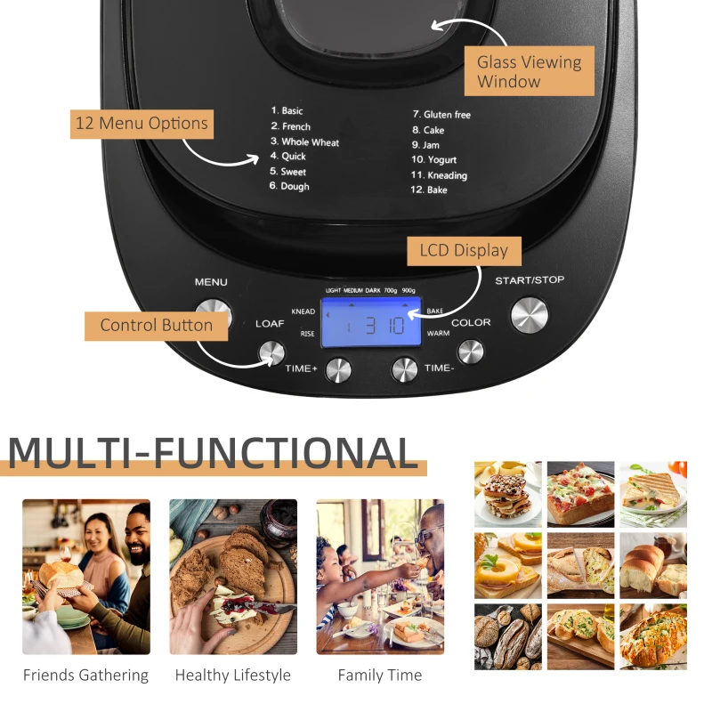 HOMCOM Digital Bread Maker 550W 12-in-1 Programmed Bread Machine with 13-Hour Delay Timer 60 Minutes Keep Warm Function Non-stick Pan 3 Crust Colors 2 Loaf Size Black