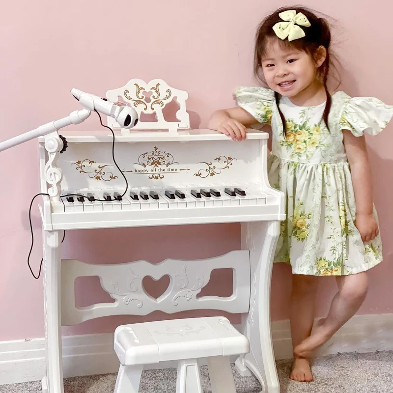 HOMCOM 37 Keys Kids Piano Mini Electronic Keyboard Light Kids Musical Instrument Educational Game Children Grand Piano Toy Set w/Stool & Microphone & Music Stand (White)