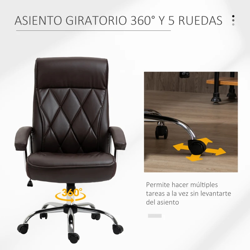 Vinsetto Silla Despacho Ergonómica Silla de Escritorio para Ordenador Giratoria y Basculante con Respaldo Alto y Reposacabezas Acolchado Piel Sintética 66x69x113-121 cm Marrón