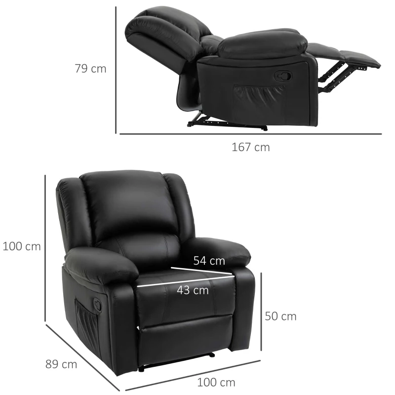 HOMCOM Poltrona Relax Reclinabile con Maniglia e Tasche Laterali, 100x89x100cm, Nera