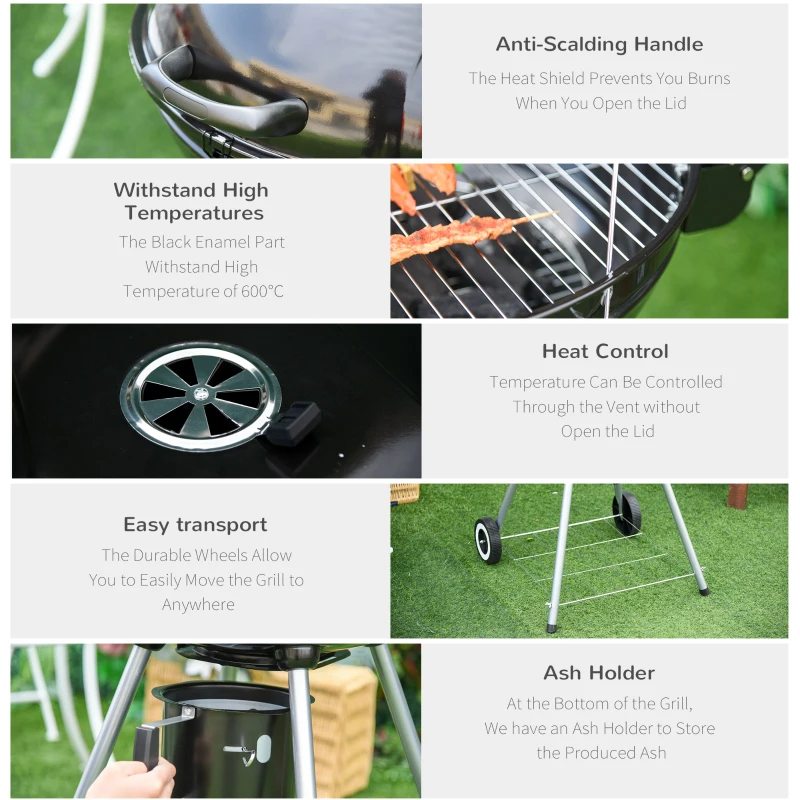 Outsunny Portable Kettle Charcoal Grill W/Wheels, 57Lx63Wx94H cm-Black/Silver